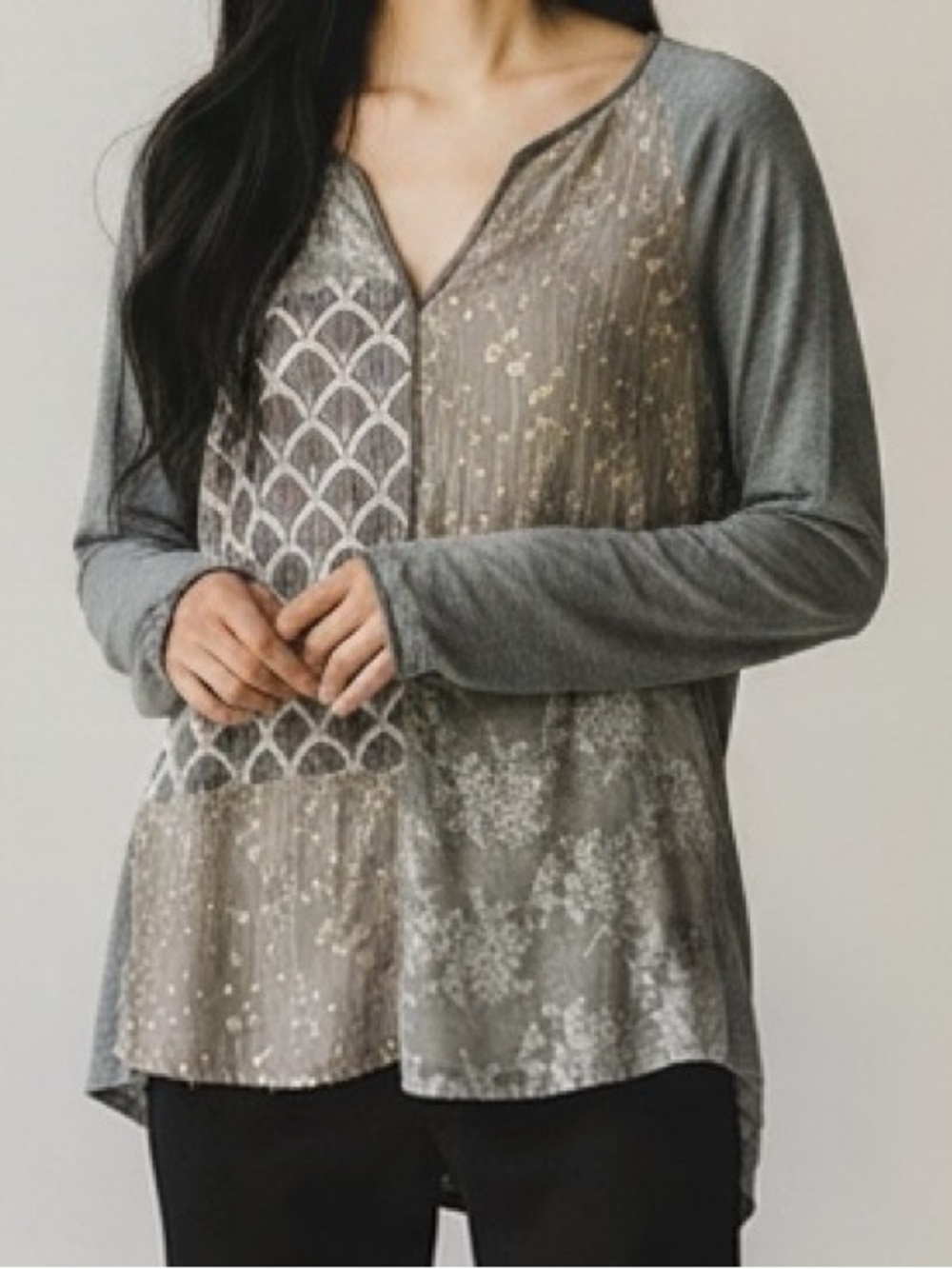 Anthropologie Tiny XS Gray Lavender Mixed Print Juliette Patchwork Top